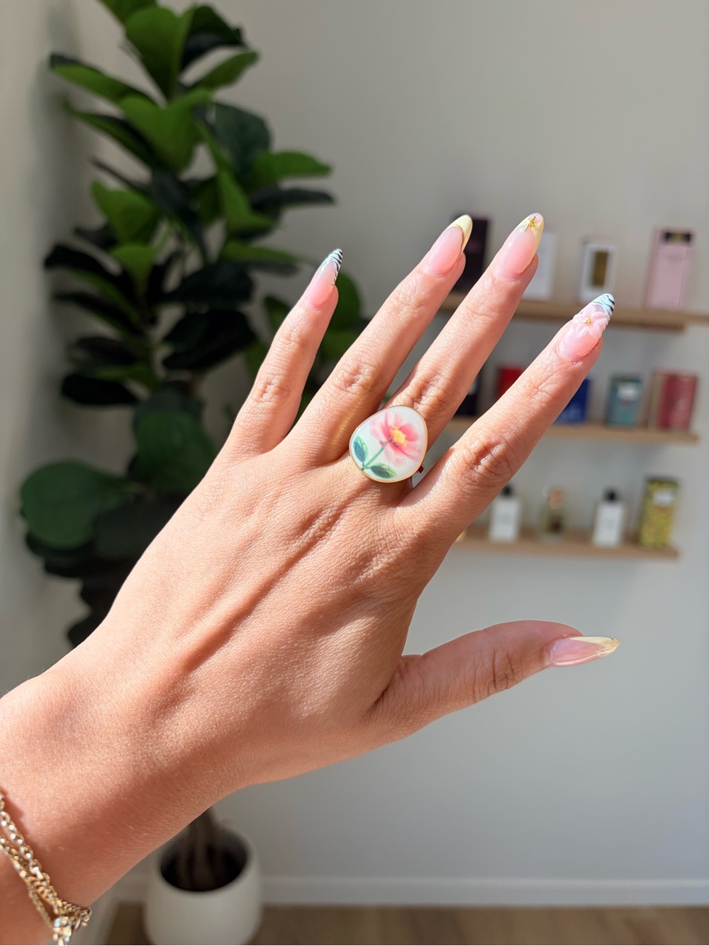 Hand-Painted Floral Oval Ring in Pink and Green